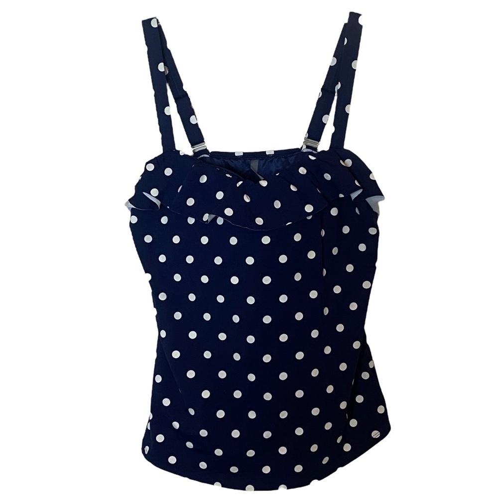 Lands End polka dot ruffle tankini top blue size 10‎ D